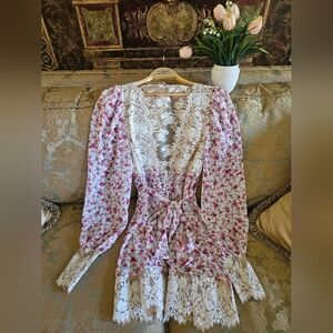 NWOT For Love & Lemon By Victoria's Secret Floral Lace Robe Cream/Pink